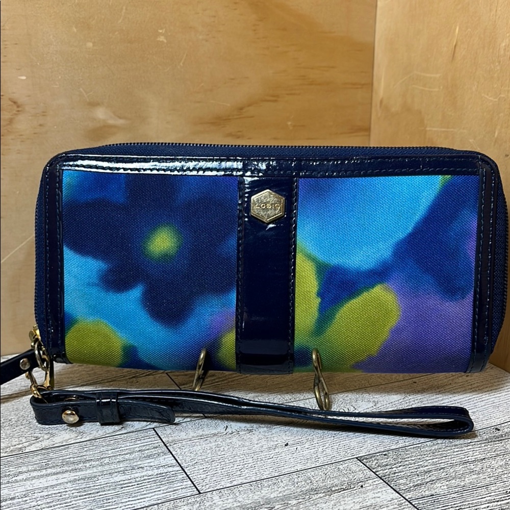 Lodis Blue Watercolor Floral Canvas Patent Leather Zip Round Wristlet